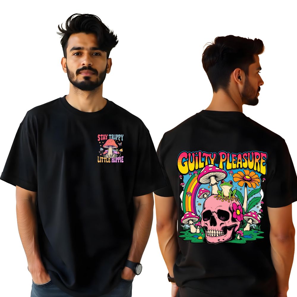 Stay Trippy Little Hippy - Guilty Pleasure Oversized Black T-shirts for Men