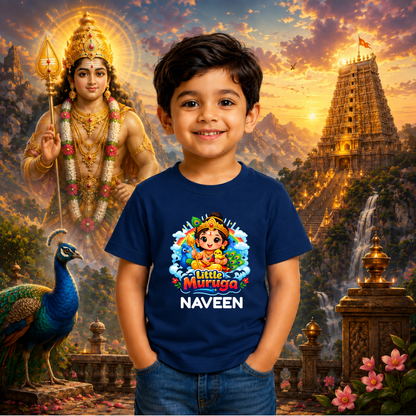 Little Muruga Personalized Kids T-Shirt – Custom Name Blue Round Neck Cotton Tee for Boys