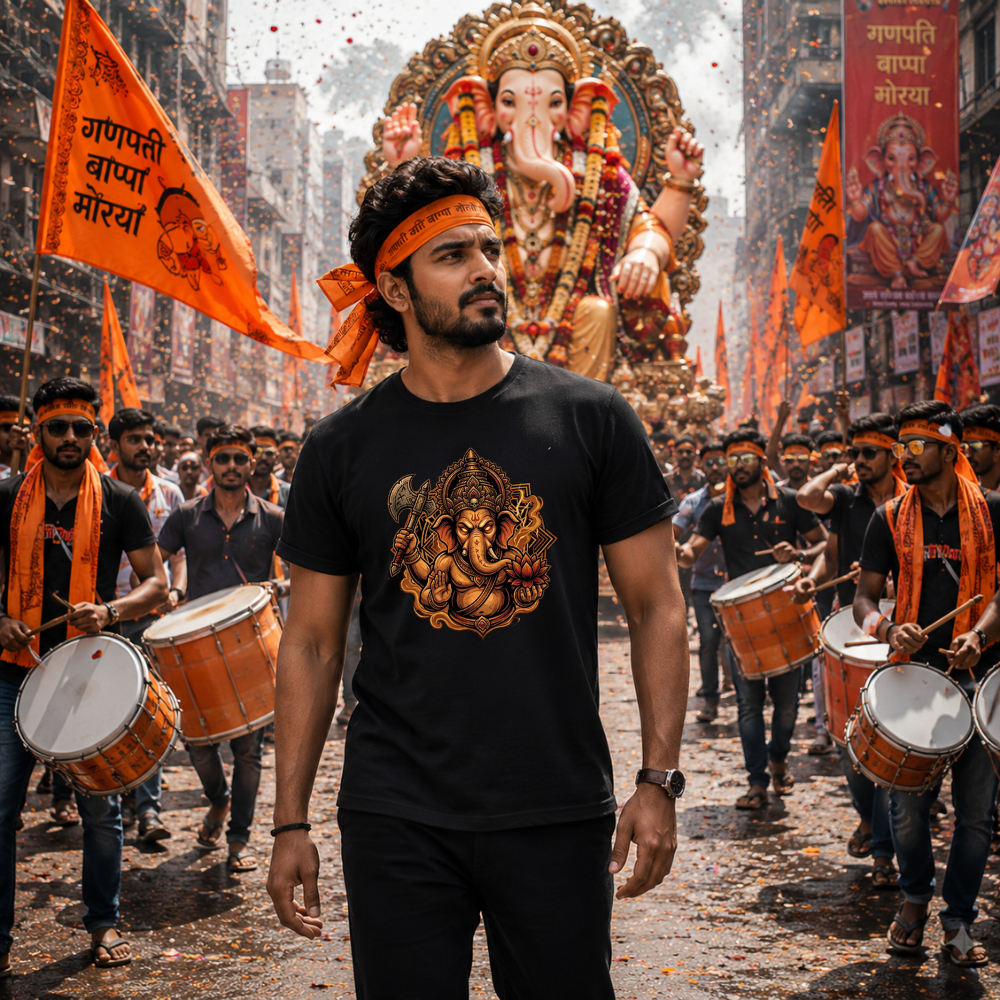 Ganpati Bappa Printed T-Shirt for Men | Ganesh Chaturthi Special Black Graphic T-Shirt
