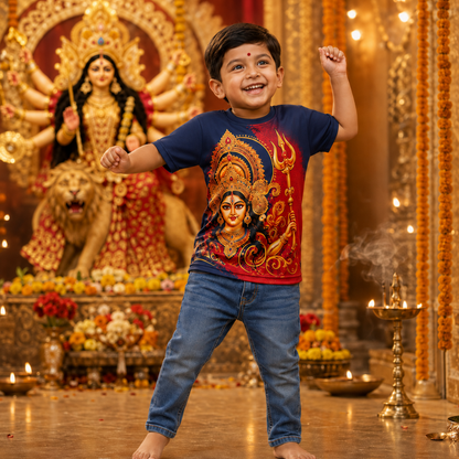 Kids Durga Puja Jersey T-Shirt | Maa Durga Printed Festival Tee for Boys