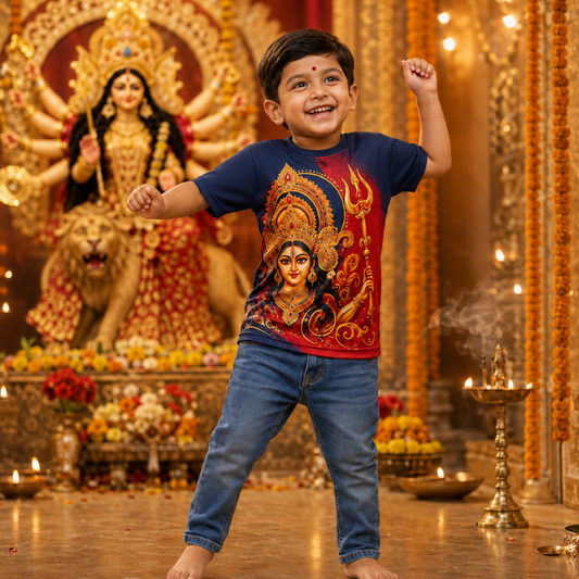 Kids Durga Puja Jersey T-Shirt | Maa Durga Printed Festival Tee for Boys