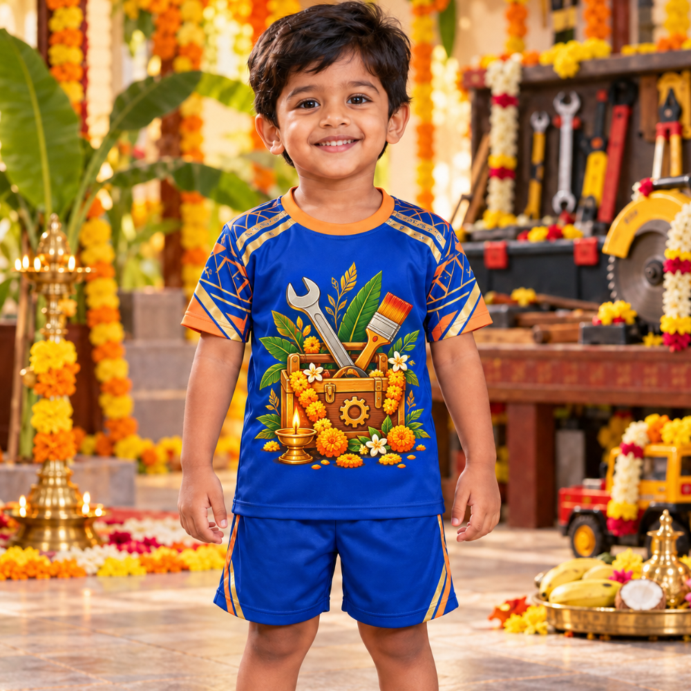 Ayudha Pooja Kids Jersey and Shorts Set | Blue Festive Tools Print Outfit