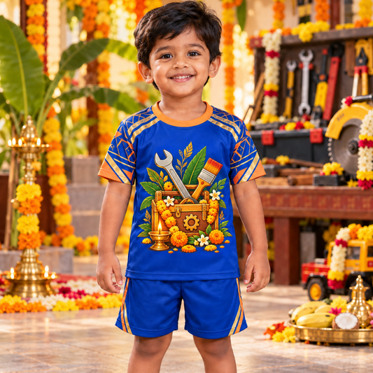Ayudha Pooja Kids Jersey and Shorts Set | Blue Festive Tools Print Outfit