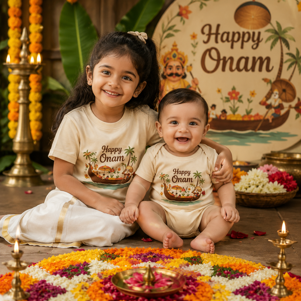 Onam Sibling T-Shirt & Baby Romper Combo | Matching Kerala Festival Outfit