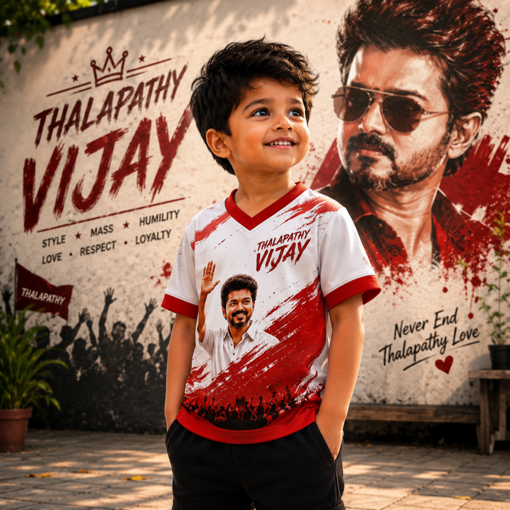 Thalapathy Vijay Kids Fan Jersey | Premium White & Red Half Sleeve T-Shirt for Boys