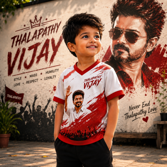Thalapathy Vijay Kids Fan Jersey | Premium White & Red Half Sleeve T-Shirt for Boys