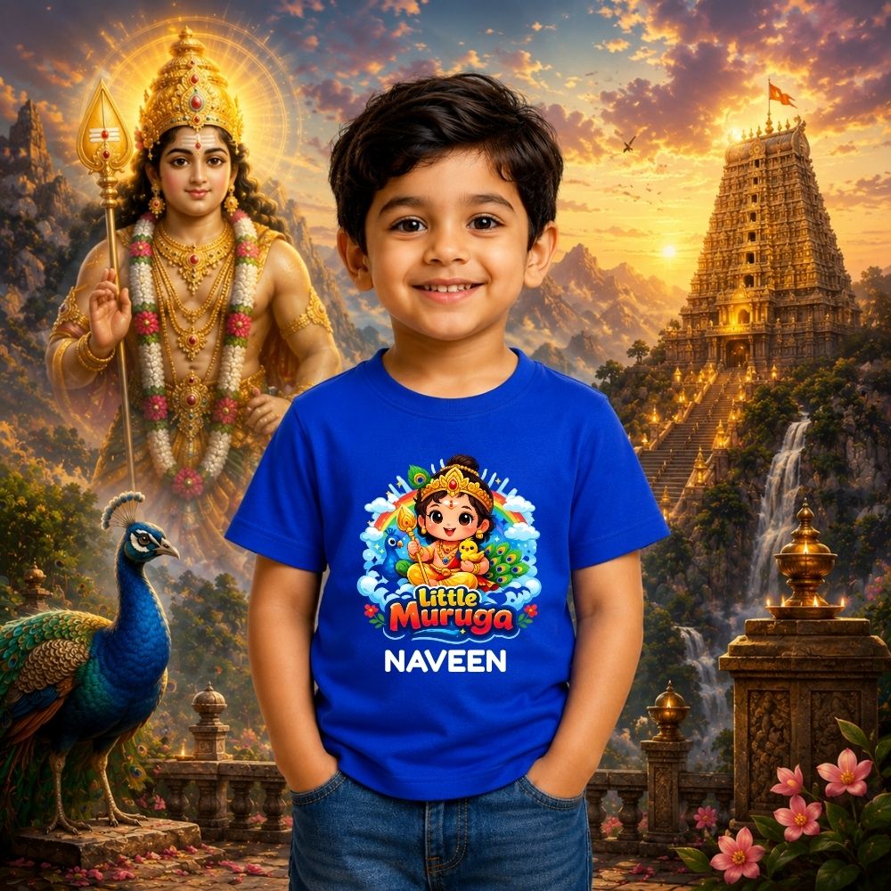 Little Muruga Personalized Kids T-Shirt – Custom Name Blue Round Neck Cotton Tee for Boys
