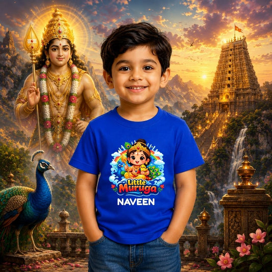 Little Muruga Personalized Kids T-Shirt – Custom Name Blue Round Neck Cotton Tee for Boys