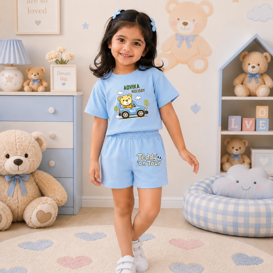 Personalized Teddy Holiday Kids Co-Ord Set | Custom Name T-Shirt & Shorts for Boys & Girls