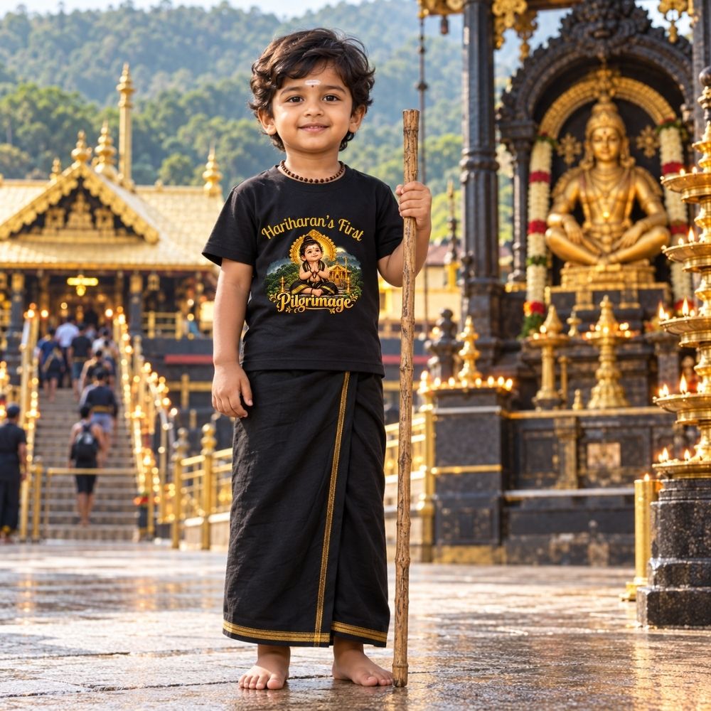 Kids’ First Sabarimala Pilgrimage T-Shirt with Name | Ayyappa Swamy