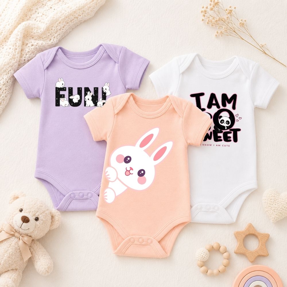 Cute Baby Bunny & Panda Printed Cotton Romper Combo | Soft & Breathable Onesies for Newborns & Infants