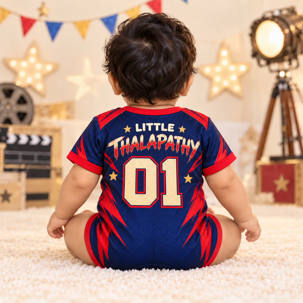 Little Thalapathy Vijay Fan Baby Jersey Romper – Red & Navy