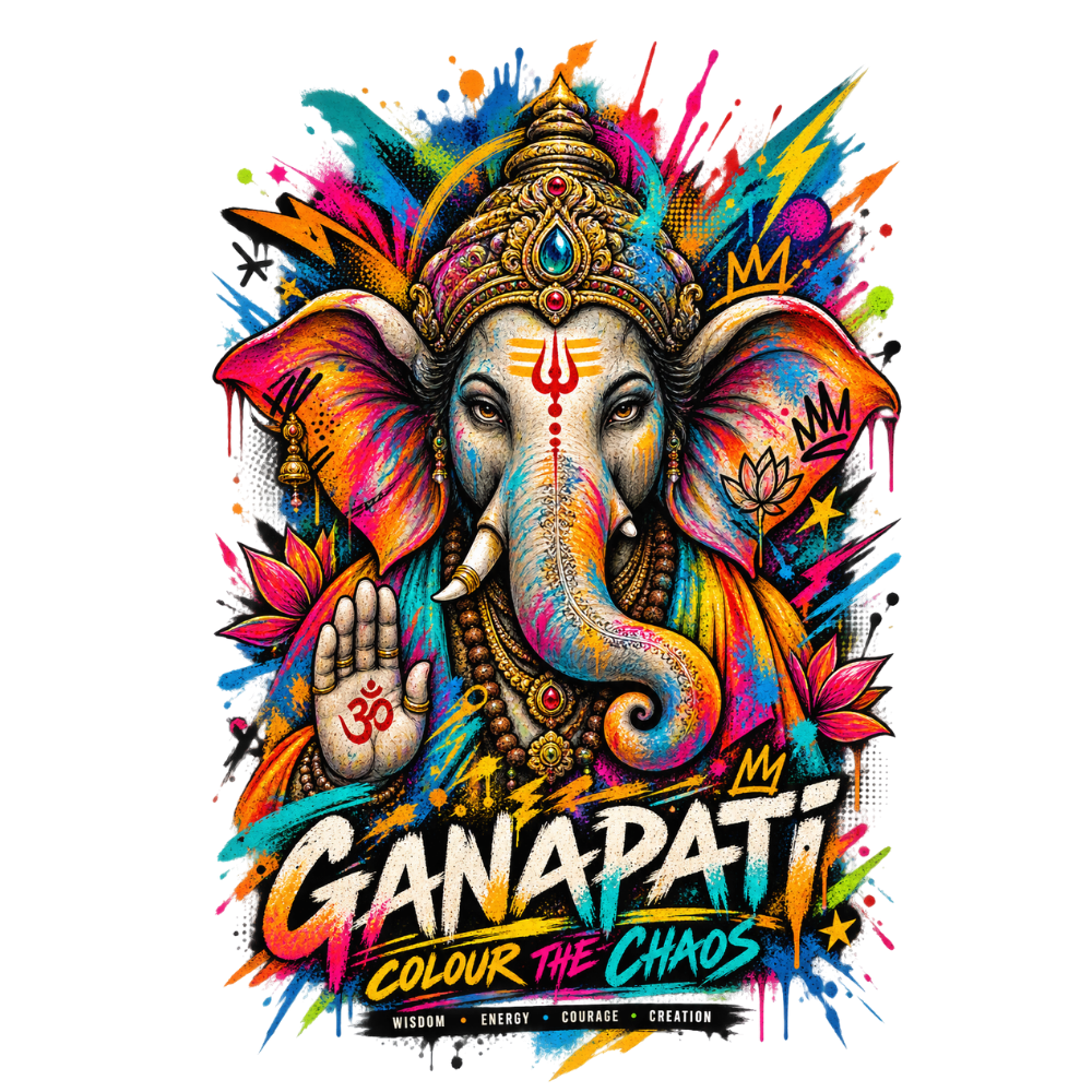 Colourful Ganpati Bappa T-Shirt for Men | Lord Ganesha White Graphic T-Shirt