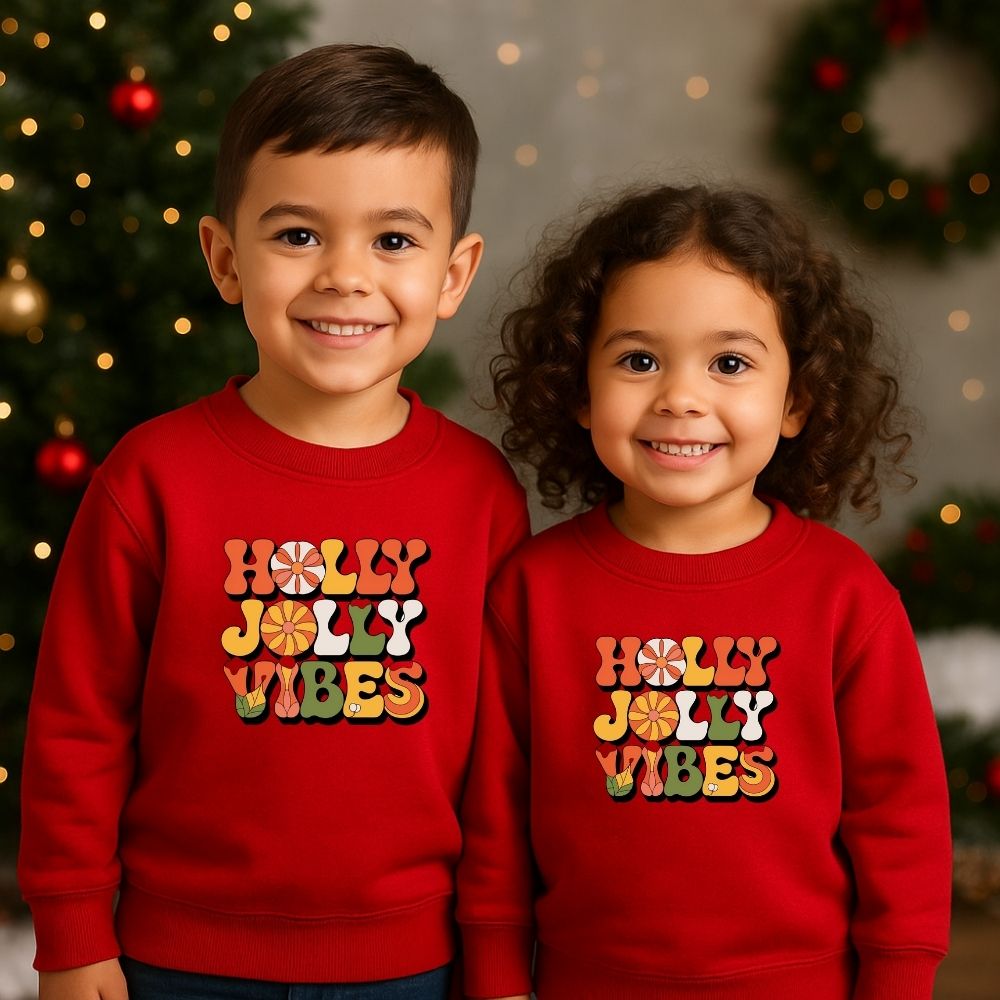 Kids "Holly Jolly Vibes" Retro Christmas Siblings Sweatshirt