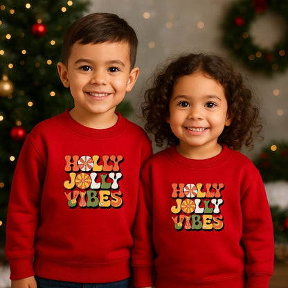 Kids "Holly Jolly Vibes" Retro Christmas Siblings Sweatshirt