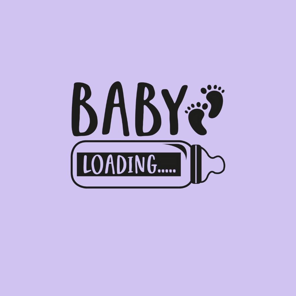 Text 'BABY LOADING' with a baby bottle graphic on a purple background