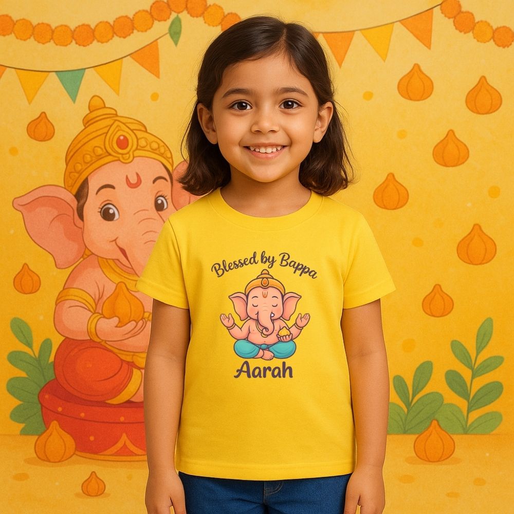 Festive Ganesh Chaturthi T-Shirt Mustard t-shirt with a cartoon character and text