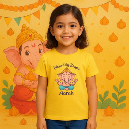 Festive Ganesh Chaturthi T-Shirt Mustard t-shirt with a cartoon character and text