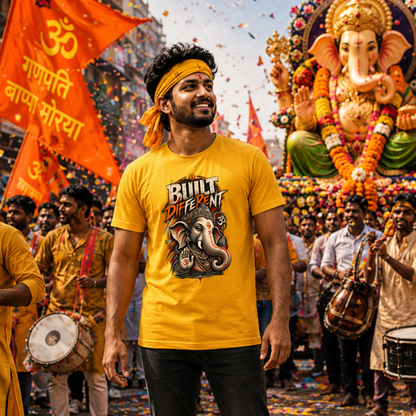 Built Different Lord Ganesha T-Shirt for Men | Ganpati Bappa Mustard Yellow Graphic Tee