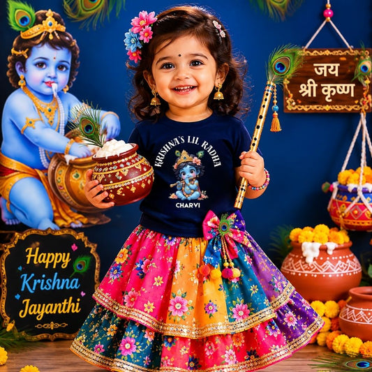Krishna’s Lil Radha Personalized Janmashtami Girls Round Neck T-Shirt – Custom Name