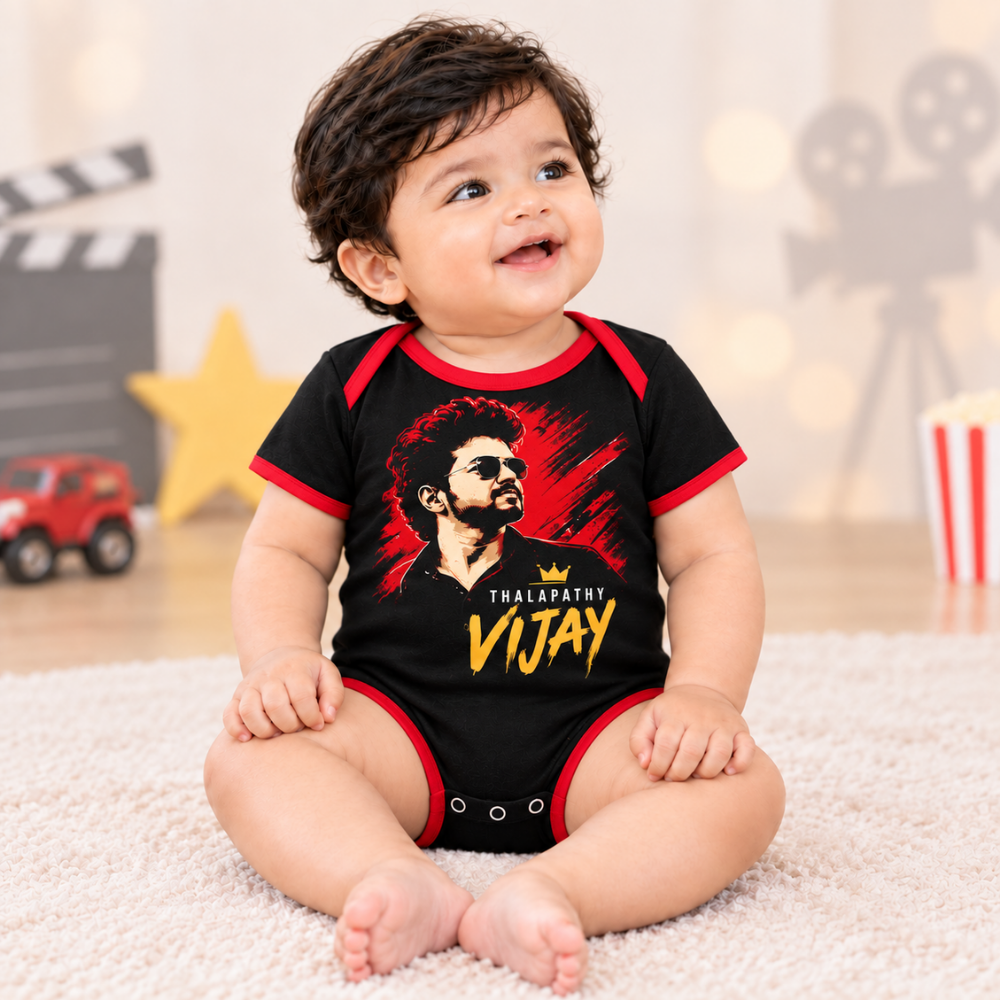 Thalapathy Vijay Baby Jersey Romper – Black & Red Fan Outfit