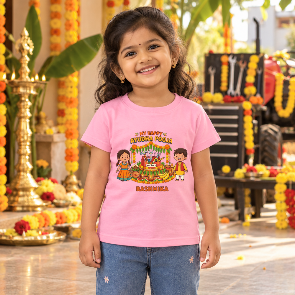 Personalized My Happy Ayudha Pooja Kids T-Shirt with Name | Festive Pink Tee