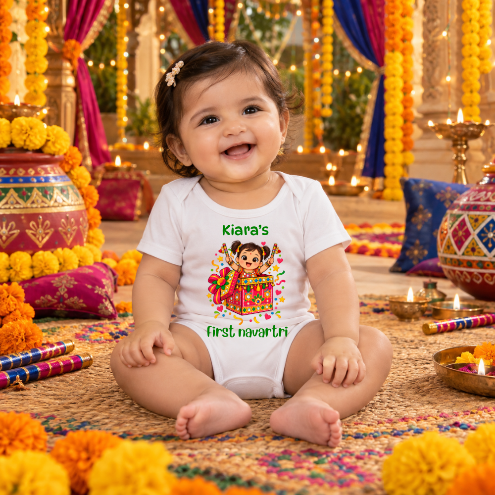 Personalized Baby Girl’s First Navratri White Romper | Dandiya Design