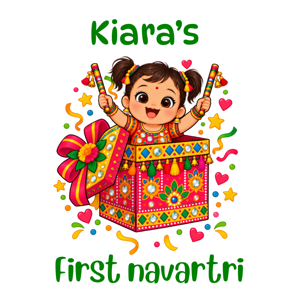 Personalized Baby Girl’s First Navratri White Romper | Dandiya Design