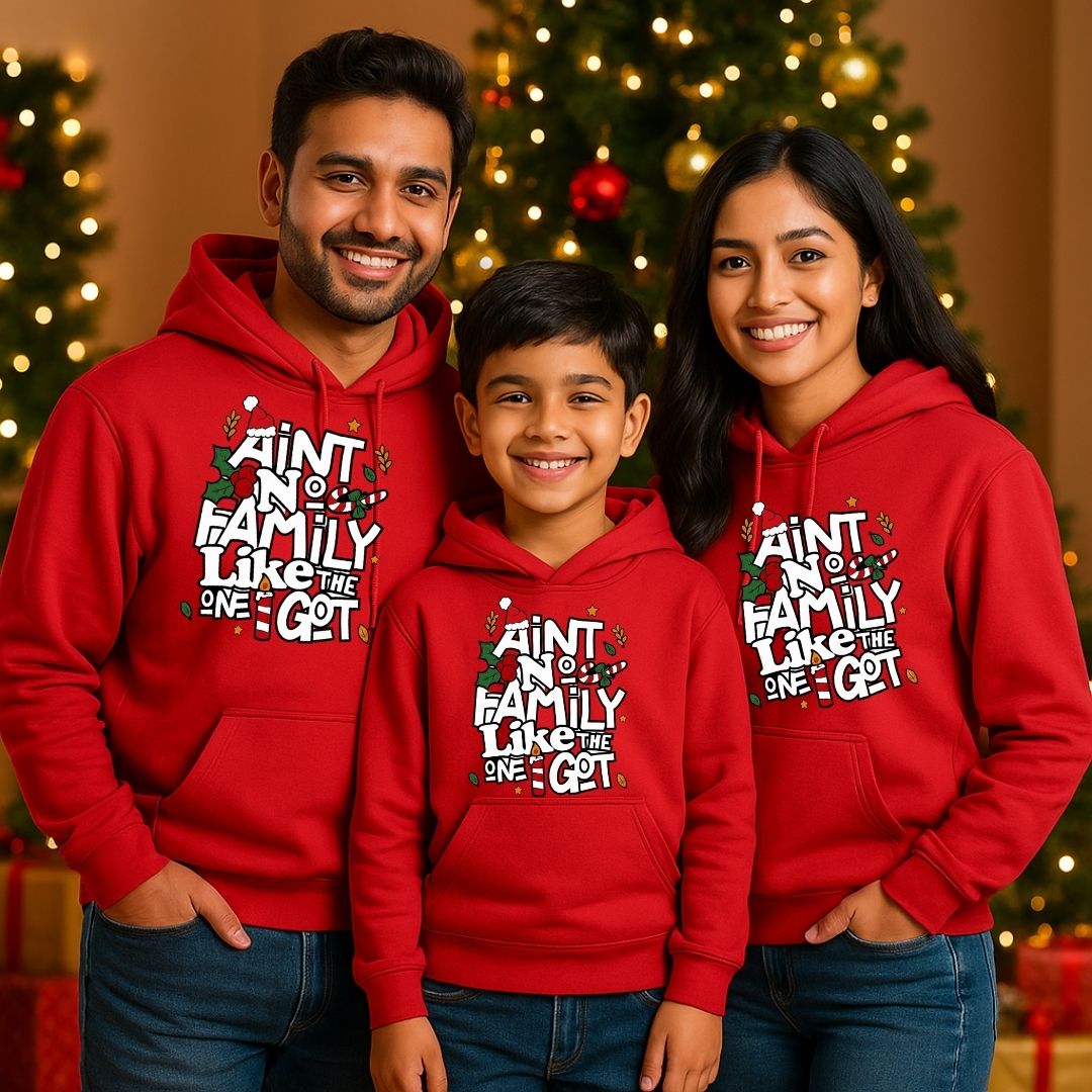 Family Red Hoodies with a Christmas-themed design 