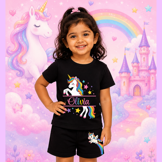 Personalized Unicorn Kids Co-Ord Set | Custom Name Cotton T-Shirt & Shorts | Magical Rainbow Unicorn Outfit for Girls