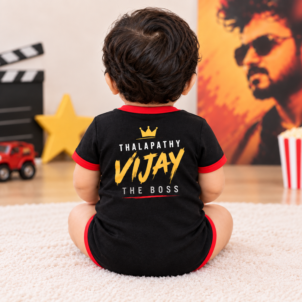 Thalapathy Vijay Baby Jersey Romper – Black & Red Fan Outfit