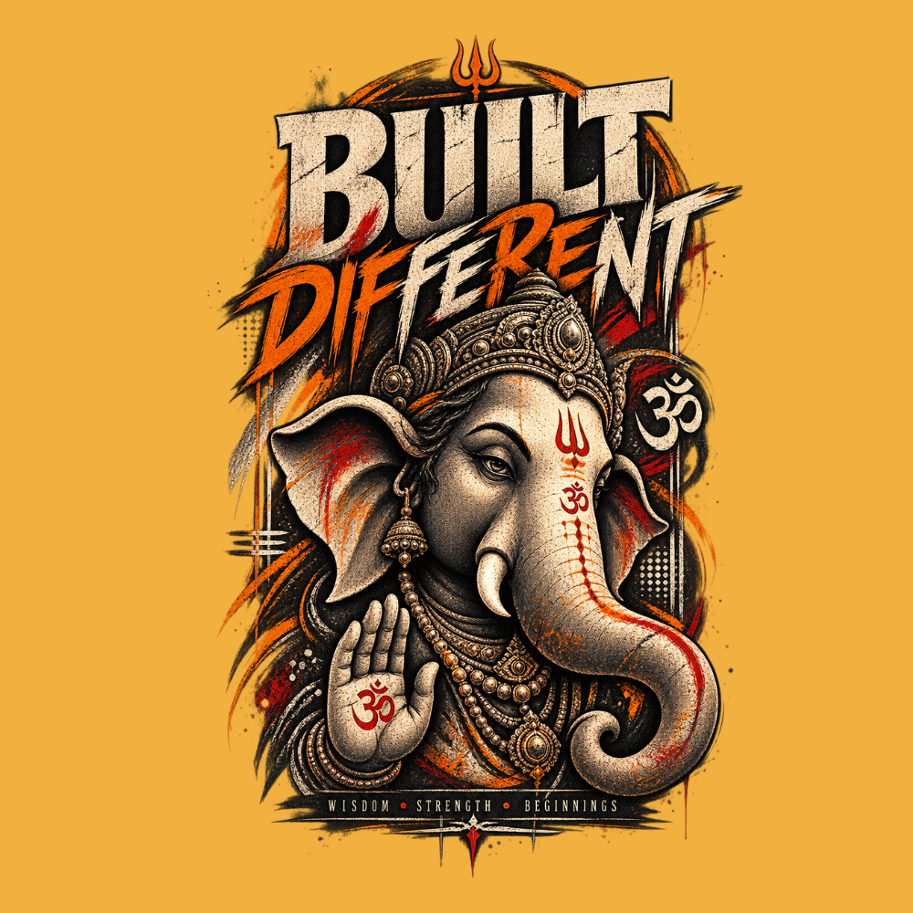 Built Different Lord Ganesha T-Shirt for Men | Ganpati Bappa Mustard Yellow Graphic Tee