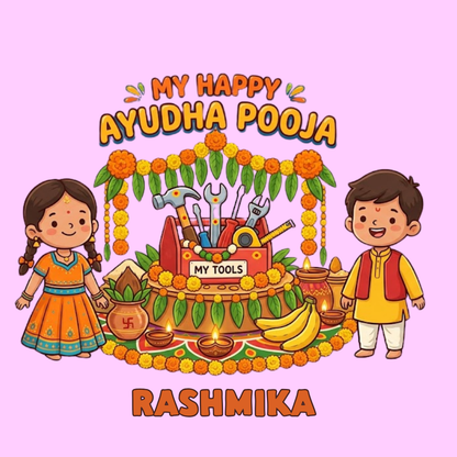 Personalized My Happy Ayudha Pooja Kids T-Shirt with Name | Festive Pink Tee