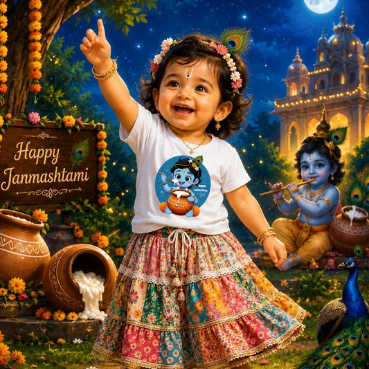 Little Krishna Magic Janmashtami Girls Round Neck T-Shirt