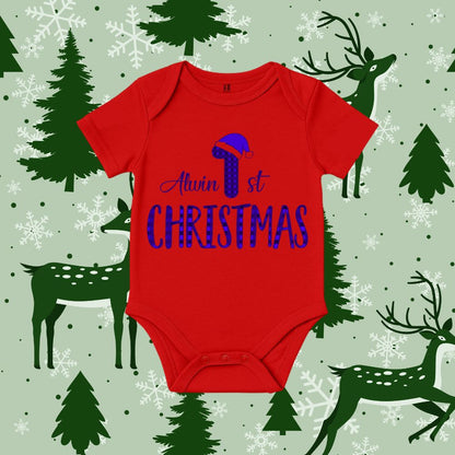 Blue Santa Hat & Patterned Text Design Personalized  1st Christmas Baby Romper