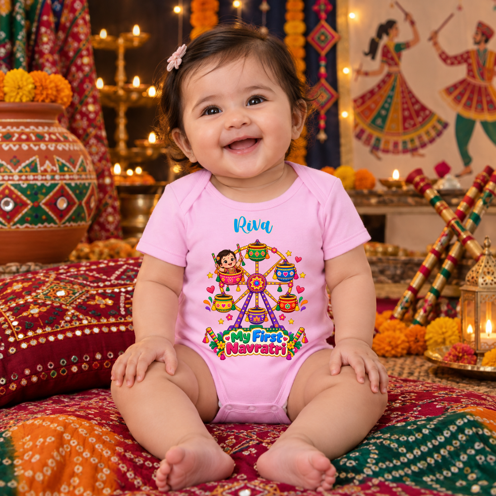 Personalized Baby Girl’s First Navratri Pink Romper | Garba Pot Design