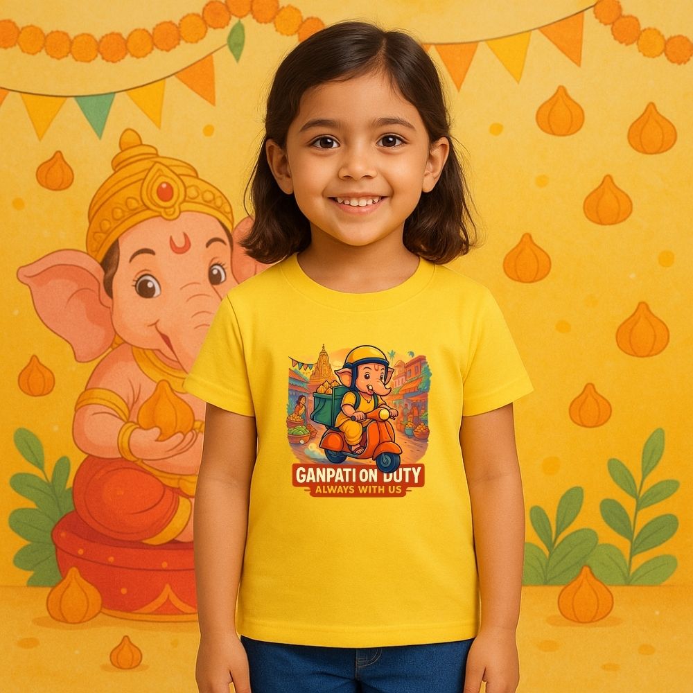 Yellow t-shirt with a cartoon Ganesha Riding Scooter for delivering Modaks