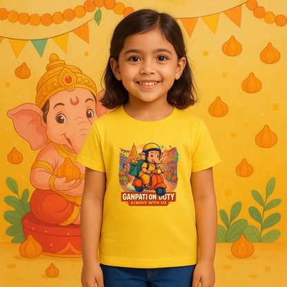 Yellow t-shirt with a cartoon Ganesha Riding Scooter for delivering Modaks