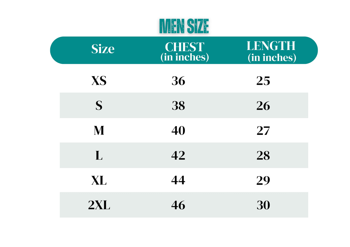Men's size chart with chest measurements in inches 