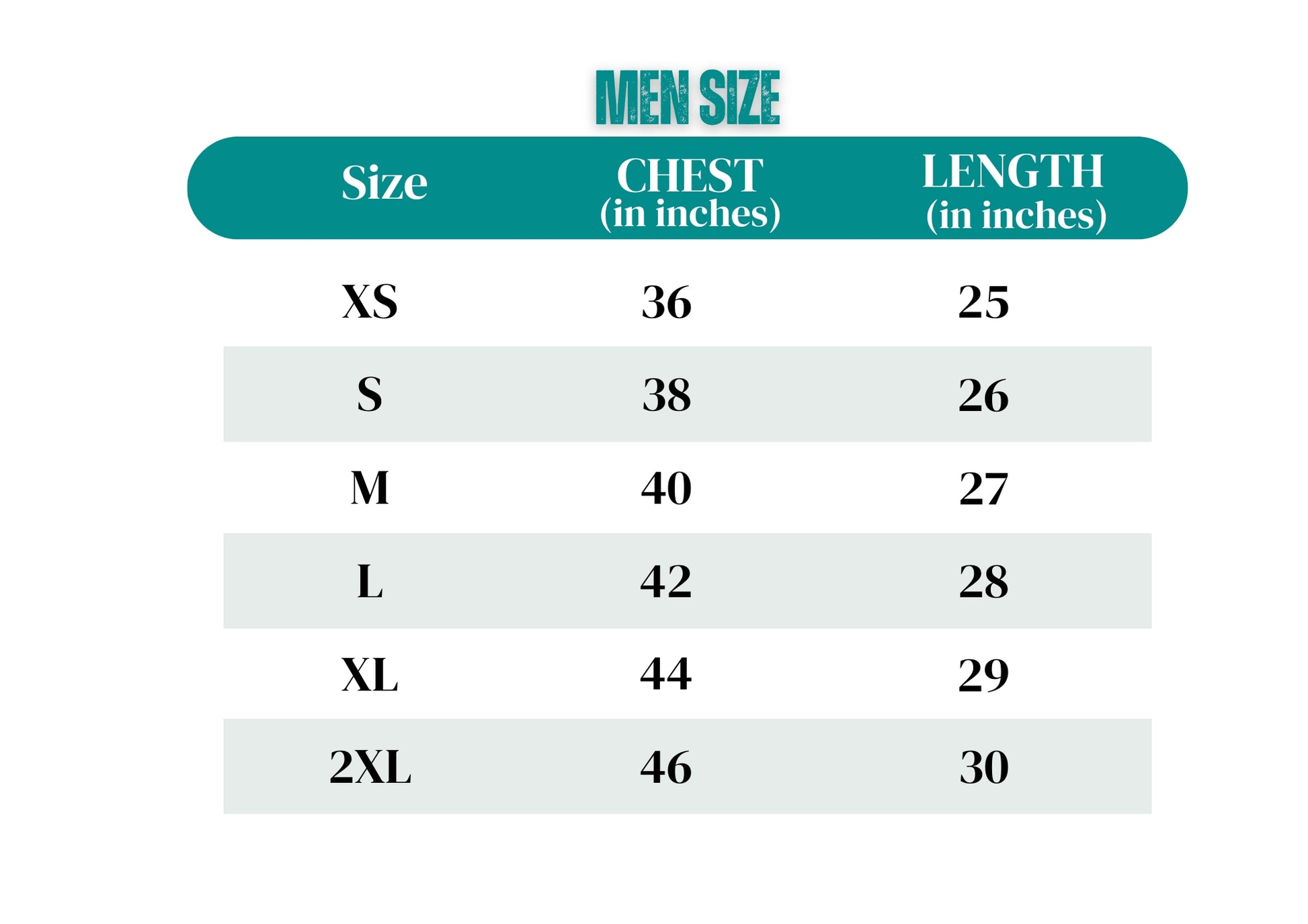 Men's size chart with chest measurements in inches 