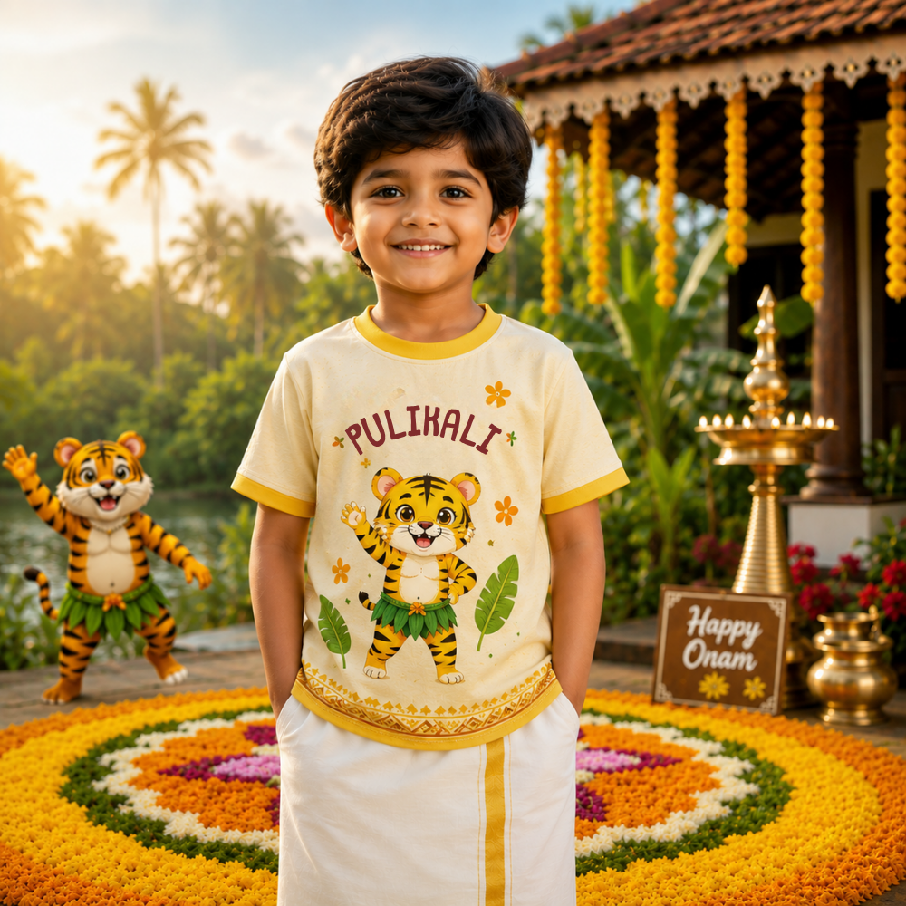 Pulikali Kids Onam Jersey T-Shirt – Cute Tiger Kerala Festival Wear for Boys