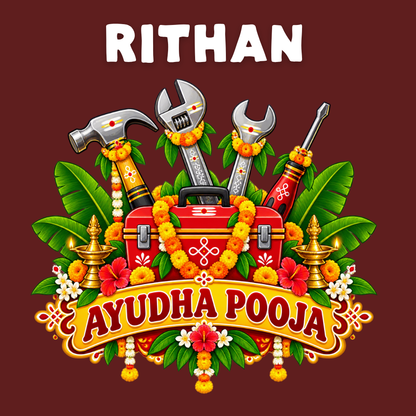 Personalized Ayudha Pooja Kids T-Shirt with Name | Maroon Festive Tools Print
