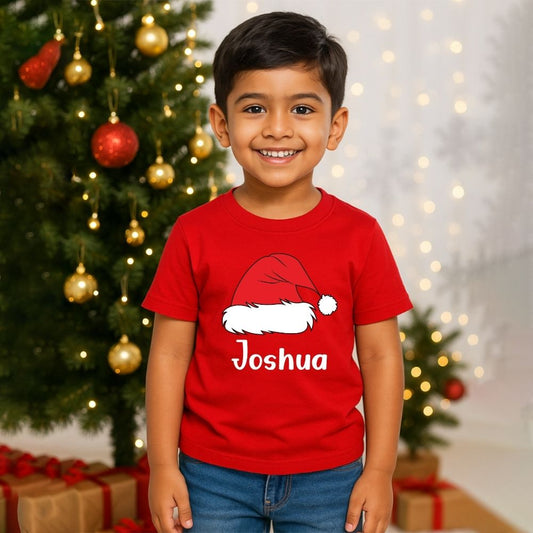 Personalized Kids' Santa Hat Christmas T-Shirt - Custom Name Holiday Tee