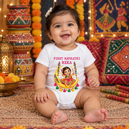 Personalized First Navratri Baby Girl Romper | White Festive Swing Design
