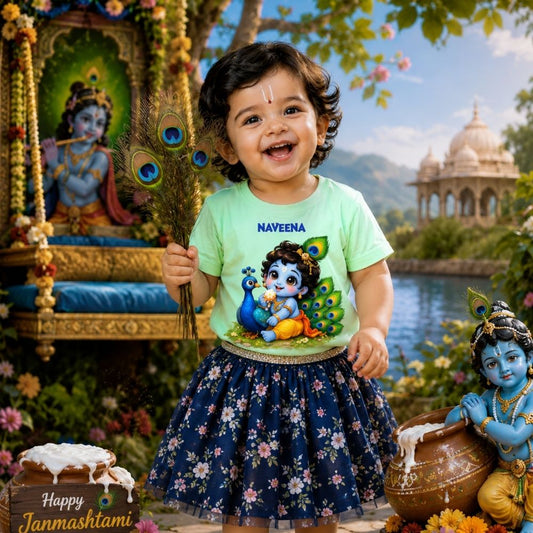 Peacock Magic Little Krishna Personalized Janmashtami Girls T-Shirt – Custom Name