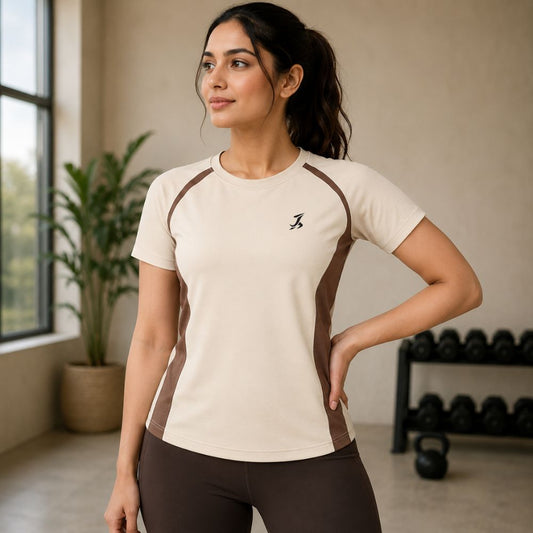 Women's Beige & Brown Active Wear Performance T-Shirt | Quick Dry Gym & Fitness Sports Tee