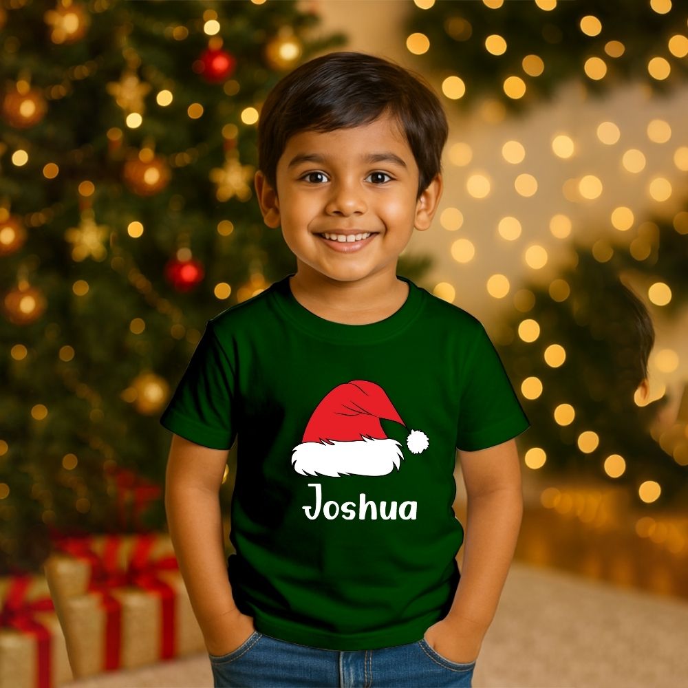 Personalized Kids' Santa Hat Christmas T-Shirt - Custom Name Holiday Tee