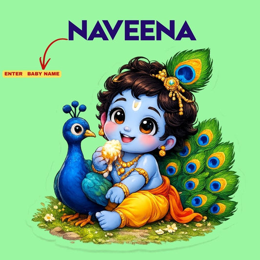 Peacock Magic Little Krishna Personalized Janmashtami Girls T-Shirt – Custom Name