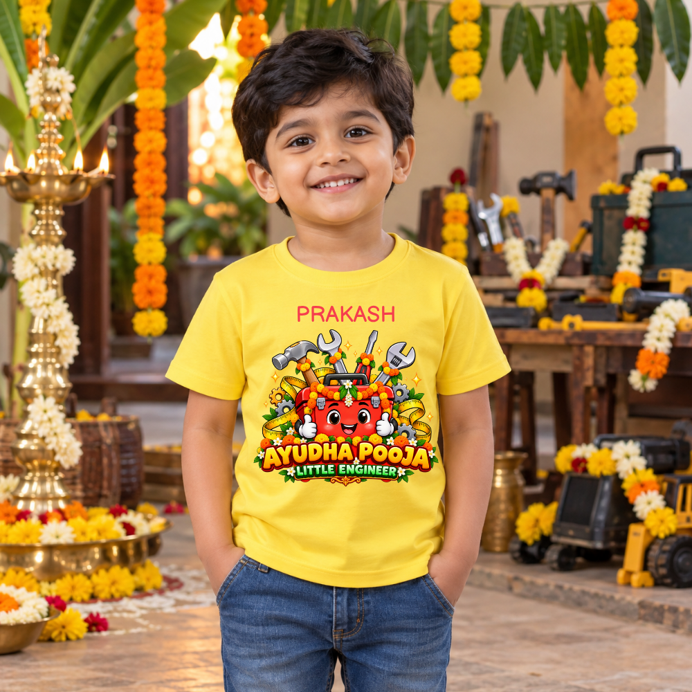 Personalized Ayudha Pooja Little Engineer Kids T-Shirt with Name | Yellow Festive Tee
