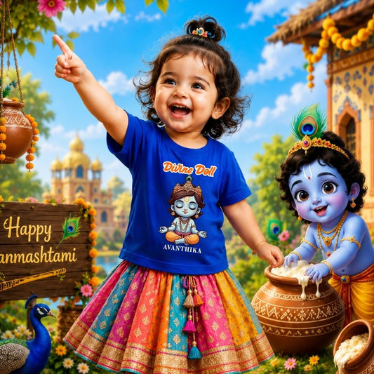 Divine Doll Personalized Krishna Janmashtami Girls Round Neck T-Shirt – Custom Name